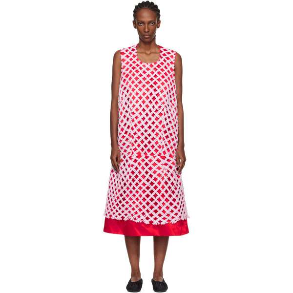  Comme Des Garçons Red & Pink Tulle Braided Mesh Midi Dress 
