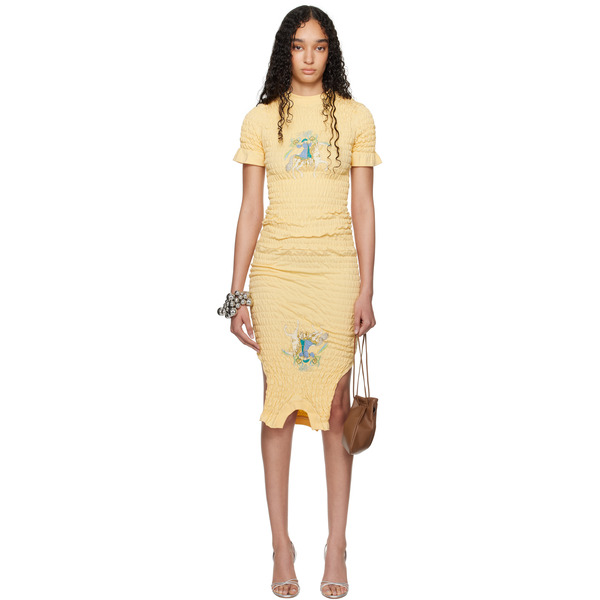  Conner Ives Ssense Exclusive Yellow Shirred T-shirt Midi Dress 