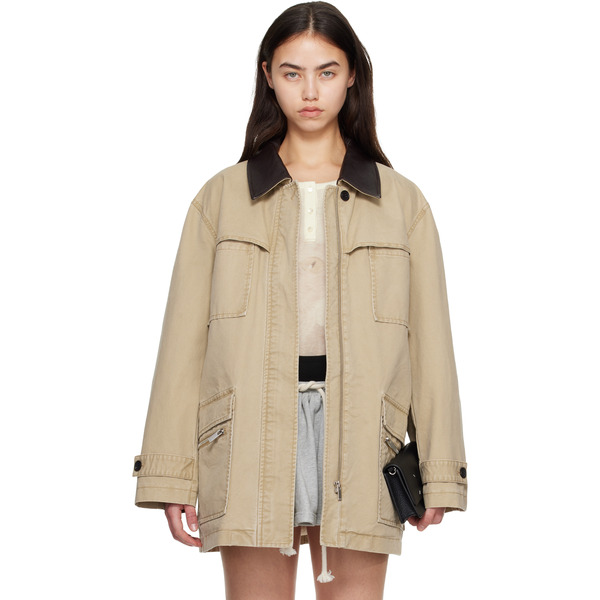  Cplus Series Khaki Leather-collar Multi-pockets Distressed Jacket 