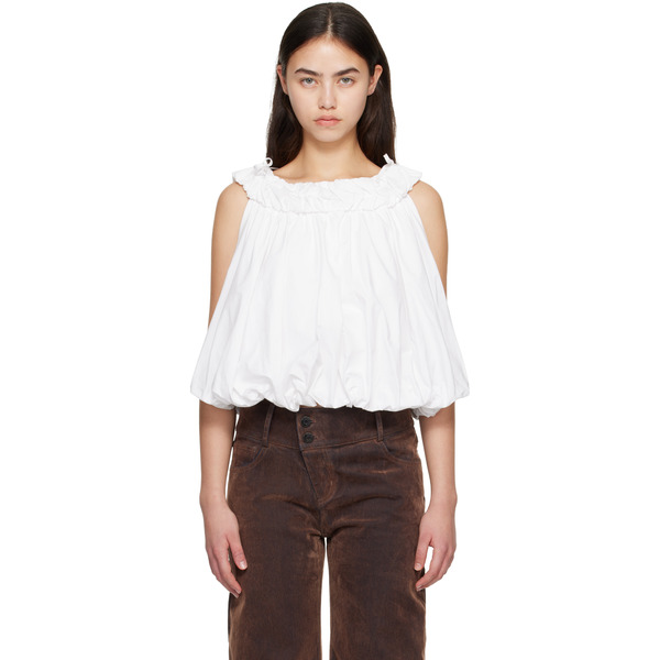  Cplus Series White Crew-neck Pleated Bubble Top 