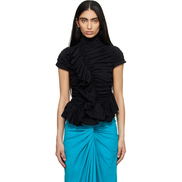  Dries Van Noten Black Fitted Gathered High-neck Blouse 