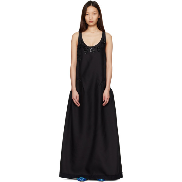  Dries Van Noten Black Rounded Wool & Silk Maxi Dress 