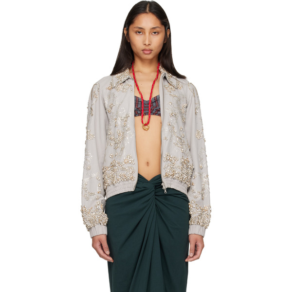  Dries Van Noten Gray Embroidered Cotton Blouson Jacket 