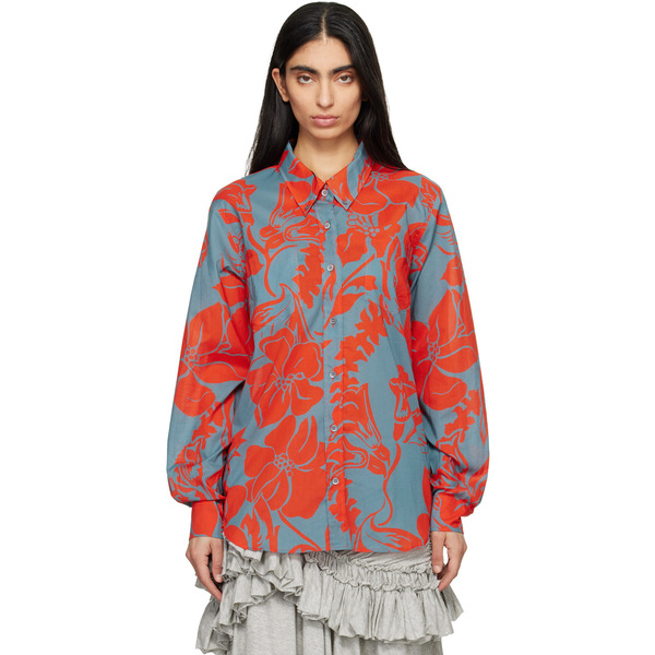  Dries Van Noten Gray & Orange Voile Floral Print Shirt 