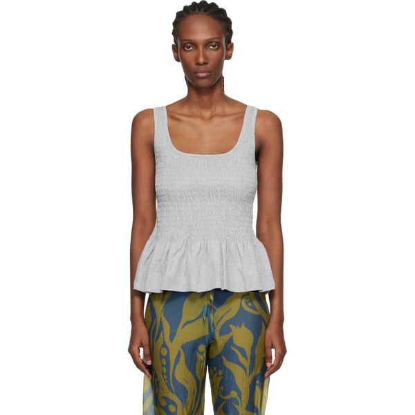  Dries Van Noten Gray Shirred Ruffle Top 