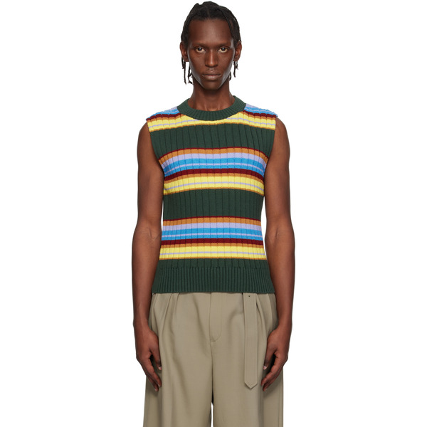  Dries Van Noten Green Striped Sleeveless Sweater 
