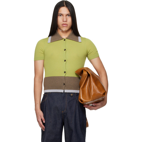  Egonlab Green & Brown Contrasted Ribs Knit Polo 