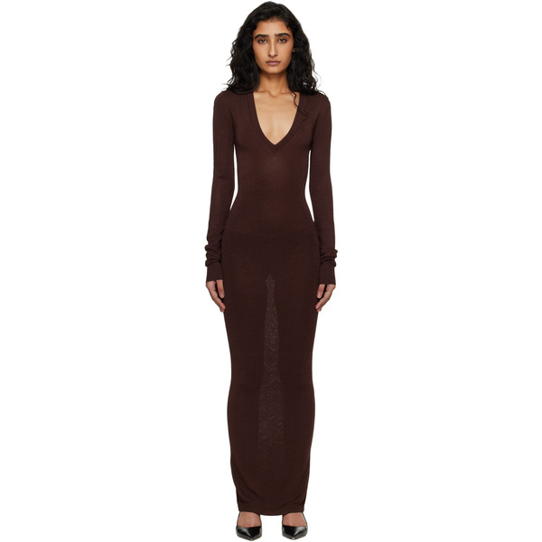  Entire Studios Brown Long Sleeve V Neck Maxi Dress 