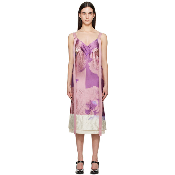  Erdem Pink & Purple V Neck Slip Cocktail Midi Dress 