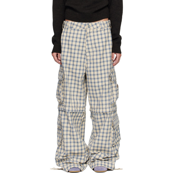  Erl Beige & Blue Zip-off Plaid Cargo Pants 