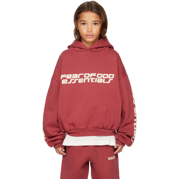  Fear Of God Essentials Kids Red Holiday Embossed Classic Hoodie 
