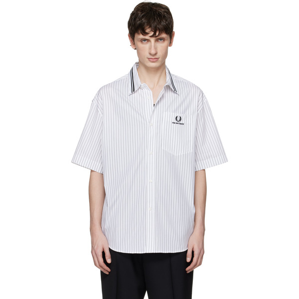  Fred Perry White Kris Van Assche Edition Pinstripe Short Sleeve Shirt 
