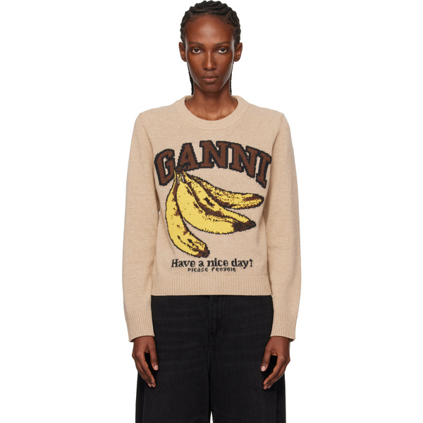  Ganni Beige Graphic Wool Sweater 