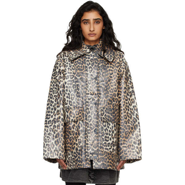  Ganni Beige Leopard Laminated Cotton Jacket 