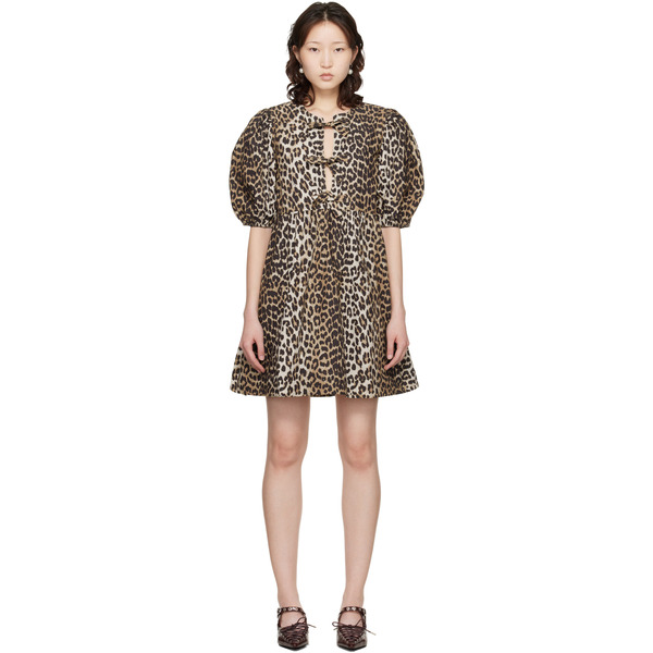  Ganni Beige Leopard Printed Cotton Tie String Minidress 