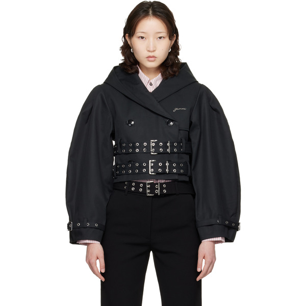  Ganni Black Bonded Cotton Short Trench Jacket 