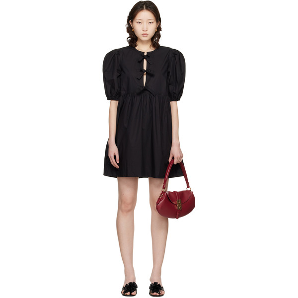  Ganni Black Cotton Poplin Tie String Minidress 