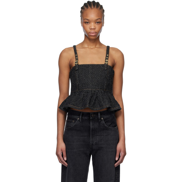  Ganni Black Fluffy Denim Strap Top 