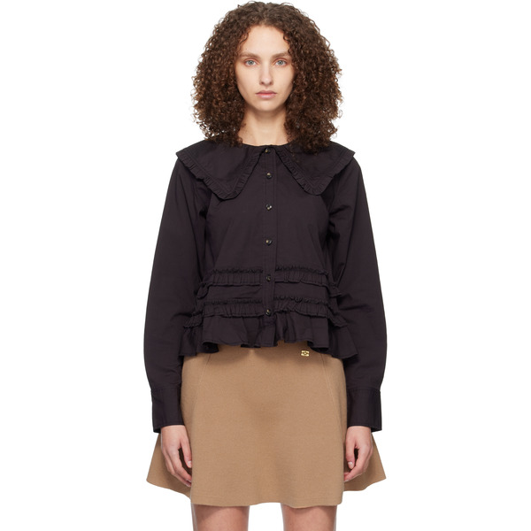  Ganni Black Stretch Cotton Ruffle Shirt 