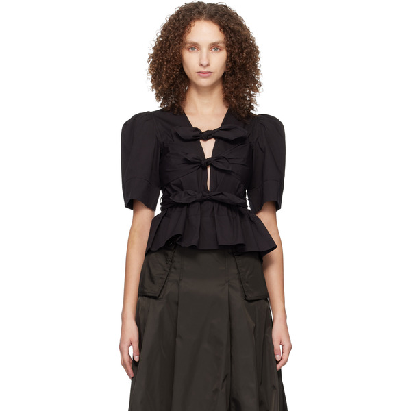  Ganni Black Washed Stretch Cotton Tie Strap Blouse 
