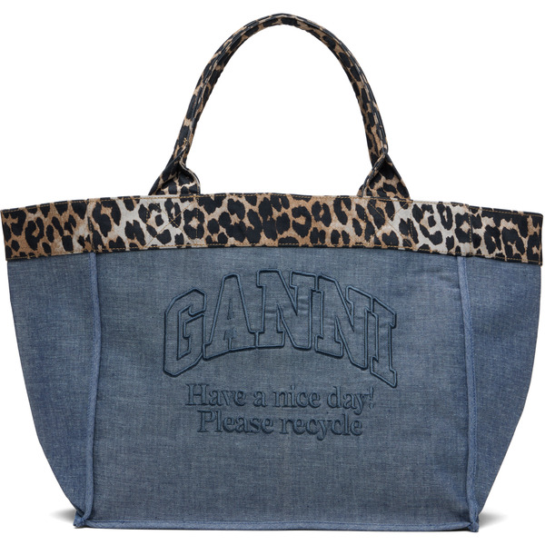  Ganni Blue & Beige Medium Trapeze Shopper Reversible Tote 