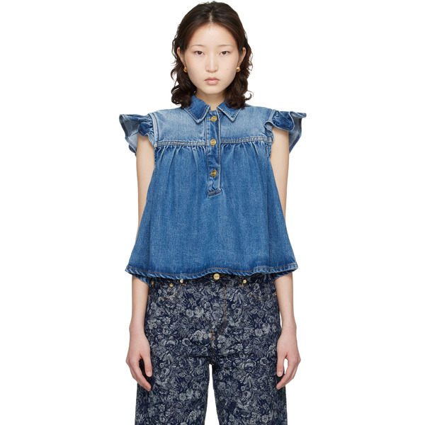  Ganni Blue Denim Ruffle Top 