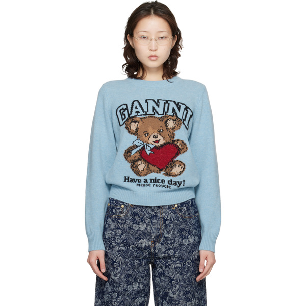  Ganni Blue Graphic Wool Sweater 