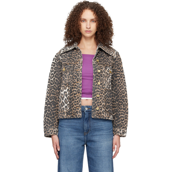  Ganni Brown & Black Leopard Denim Jacket 