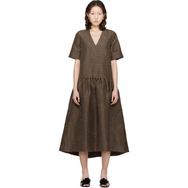  Ganni Brown Crinkled Check Maxi Dress 