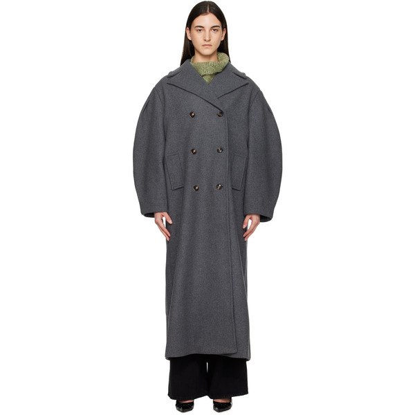  Ganni Gray Wool Oversized Long Pea Coat 