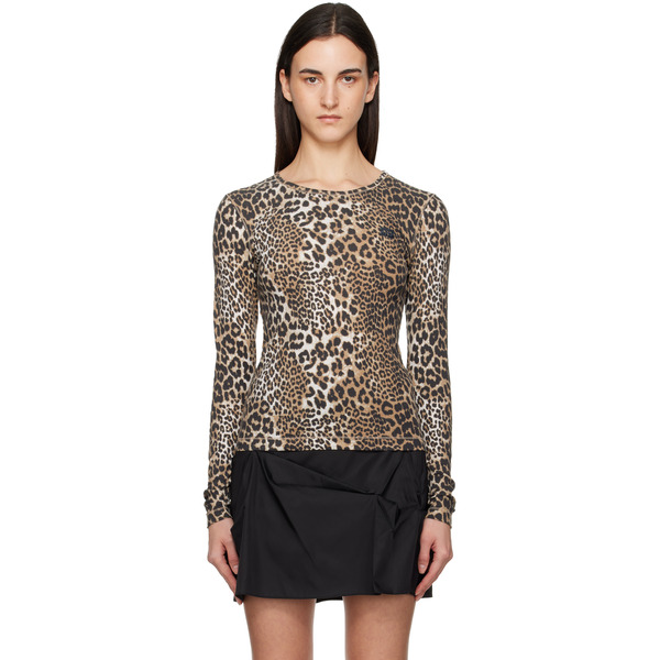  Ganni Multicolor Leopard Rib Long Sleeve T-shirt 
