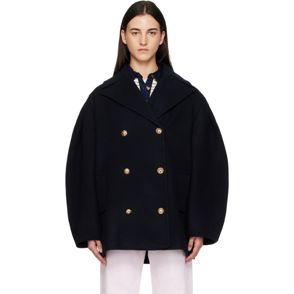  Ganni Navy Wool Oversized Midi Pea Coat 
