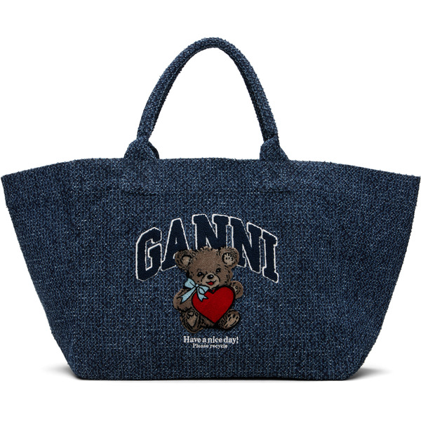 Ganni Navy Xxl Bear Tweed Denim Shopper Tote 