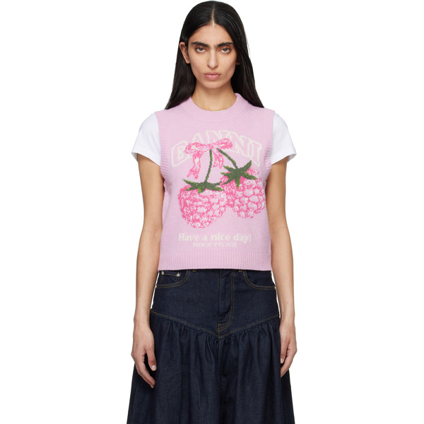  Ganni Pink Graphic Wool Sweater Vest 
