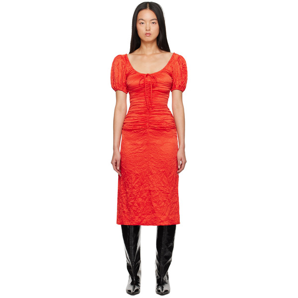  Ganni Red Crinkled Midi Dress 