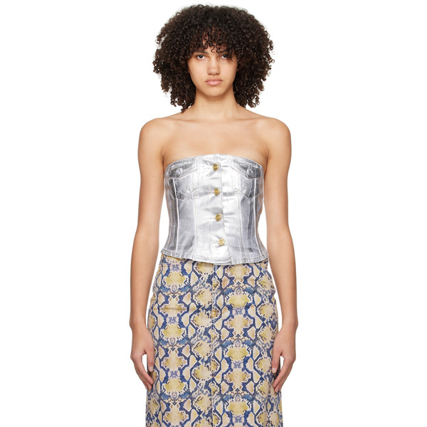  Ganni Silver Corset Denim Tank Top 