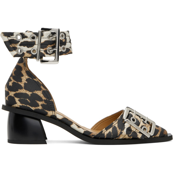  Ganni Tan & Black Feminine Buckle Open Cut Heels 