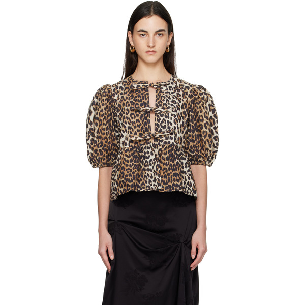  Ganni Tan Leopard Cotton Poplin Peplum Tie Blouse 