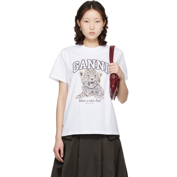  Ganni White Basic Jersey Leopard Relaxed T-shirt 