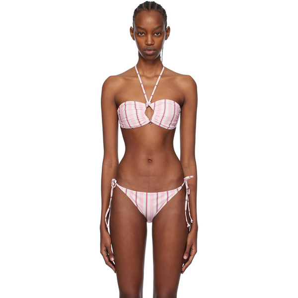  Ganni White & Pink Striped Bikini Top 