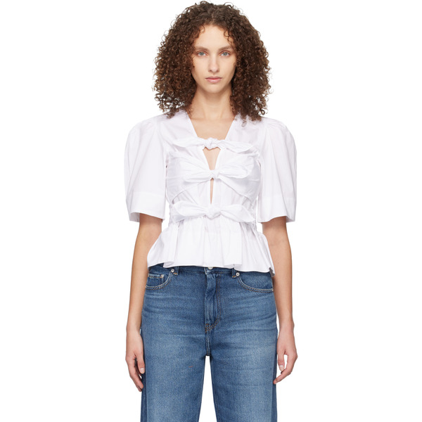  Ganni White Washed Stretch Cotton Tie Strap Blouse 