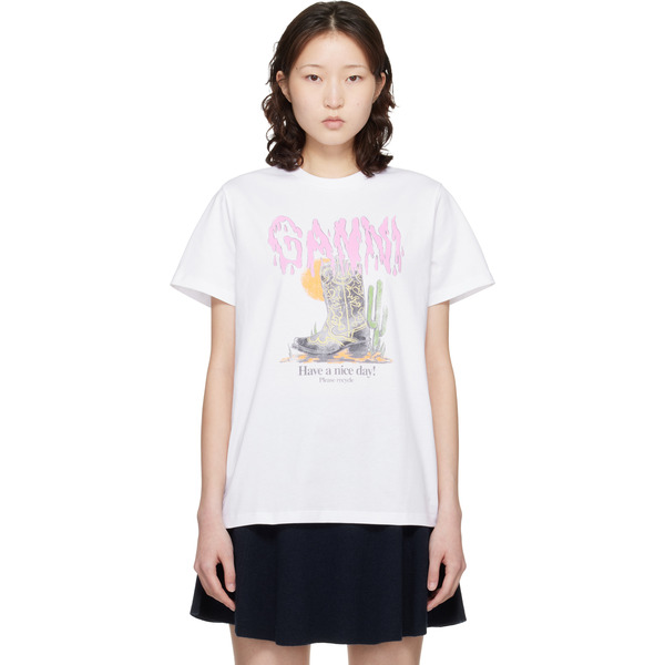  Ganni White Western Boot Print T-shirt 
