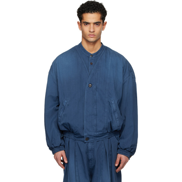 Hed Mayner Blue Herringbone Denim Bomber Jacket 