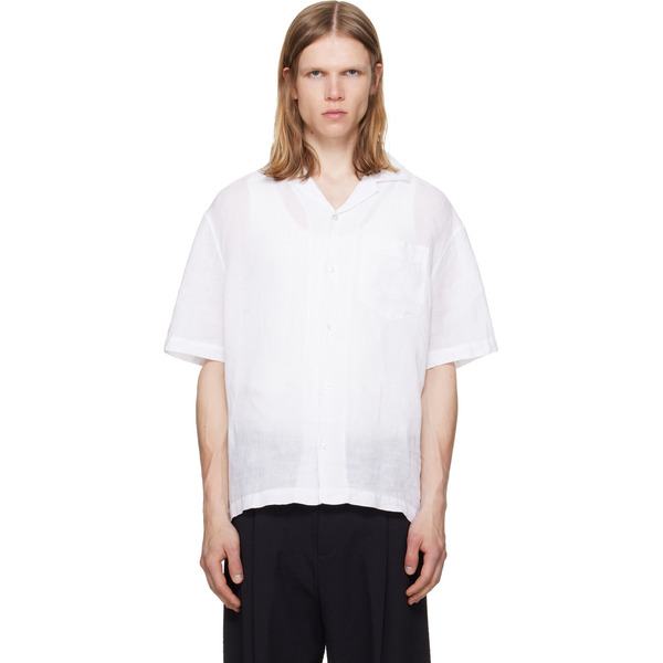  Hugo White Linen Camp Collar Shirt 