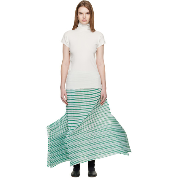  Issey Miyake Green Generic Stripes Machine Pleats Midi Skirt 