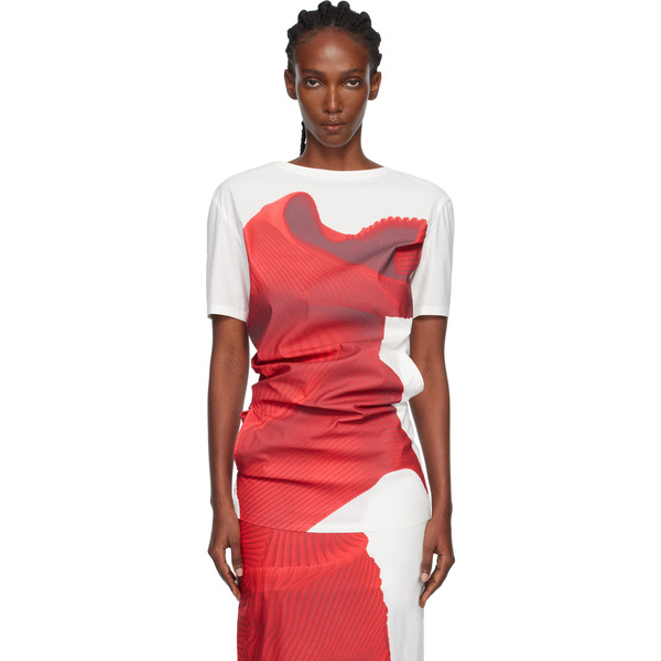  Issey Miyake White & Red Knit 'as Represented' Blouse 