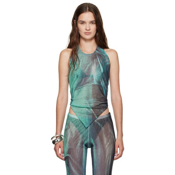  Jean Paul Gaultier Blue Mesh Scarf Printed Water Top 