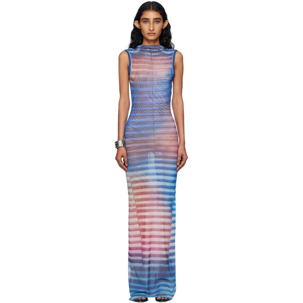  Jean Paul Gaultier Blue & Pink High Neck Open Back Printed Air Maxi Dress 