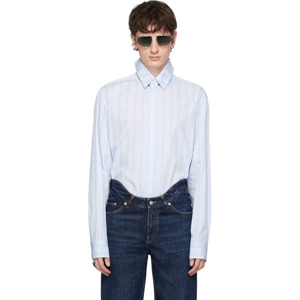  Jean Paul Gaultier Blue Pinstriped Floating Collar Shirt 