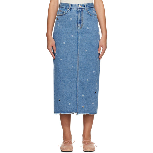  Kijun Blue Flower Denim Maxi Skirt 